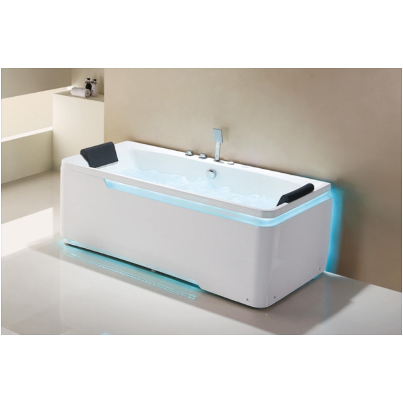 Modern Acrylic Alcove White Whirlpool Bathtub with Touch Digital Control, 68.90"×33.46"×25.59", Ultra-Thin Water Massage Jets, Bubble Bath, Ozone Disinfection, LED Lights, 2 Bath Pillows, 3-Side Apron, M1820-D