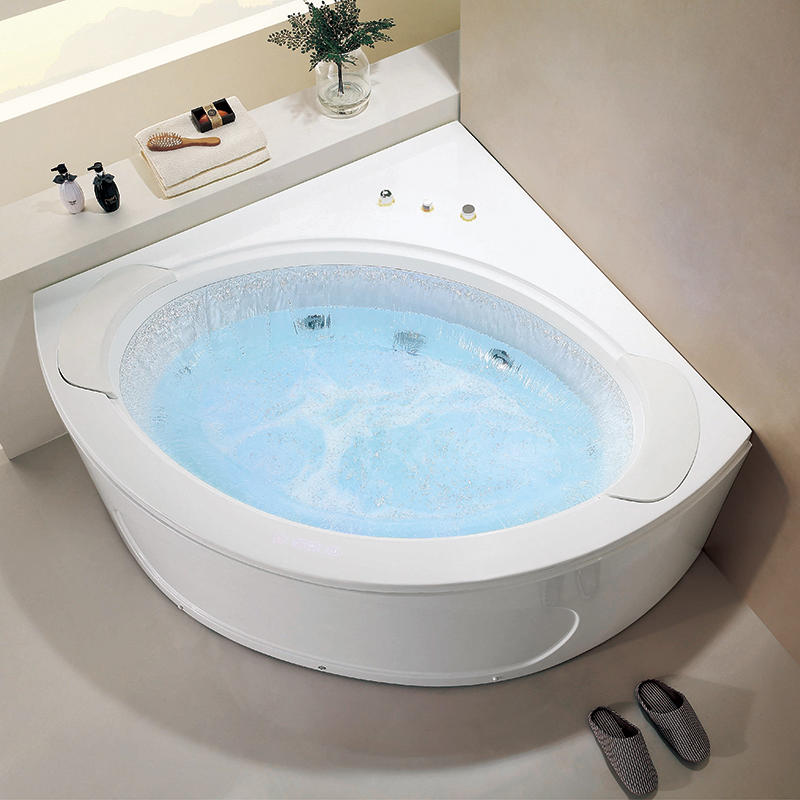 Modern Acrylic Whirlpool Bathtub - Fan Shaped Corner Back to Wall Freestanding Whirlpool Tub - 61.02"×61.02"×26.77" - Therapy Hydro-Massage Soaking Tub with 2 Pillows and 8 Pcs LED Bubble Jets, Model M7550-D