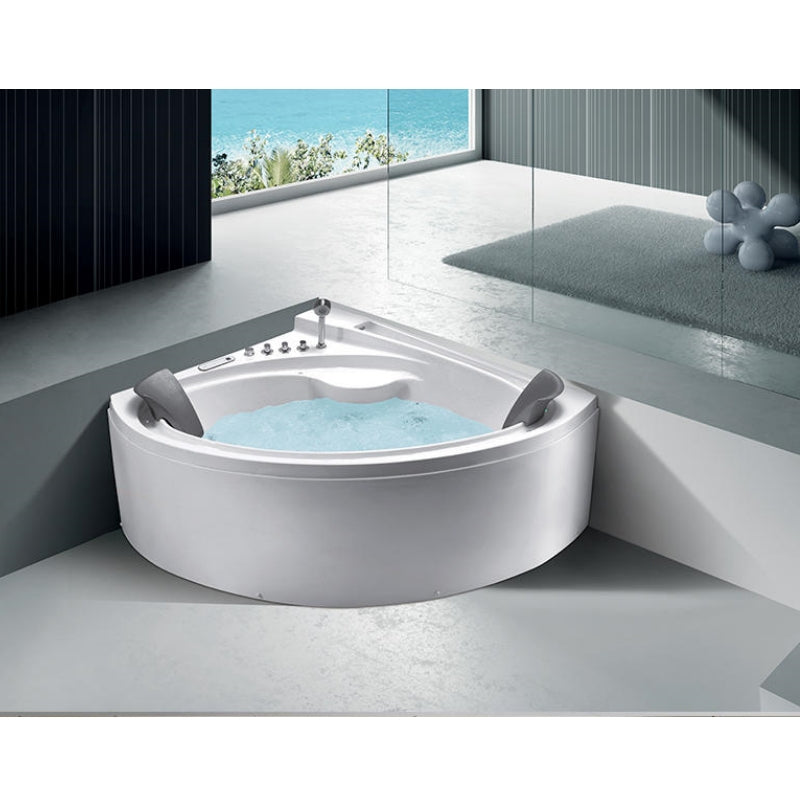 Modern Acrylic Whirlpool Bathtub - Fan Shaped Corner Back to Wall Freestanding Whirlpool Tub - 66.93"×59.06"×28.35" - Therapy Hydro-Massage Soaking Tub with 2 Pillows, 10 Pcs Brass Bubble Jets, and Colorful LED Waterfall, Model M3169-D